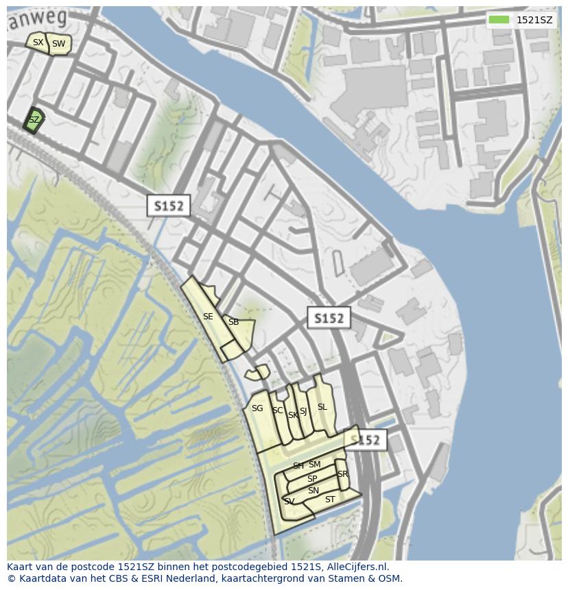 Afbeelding van het postcodegebied 1521 SZ op de kaart.