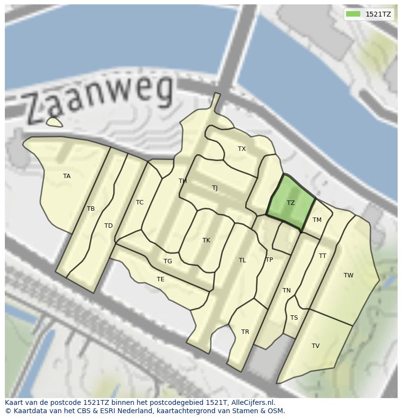 Afbeelding van het postcodegebied 1521 TZ op de kaart.