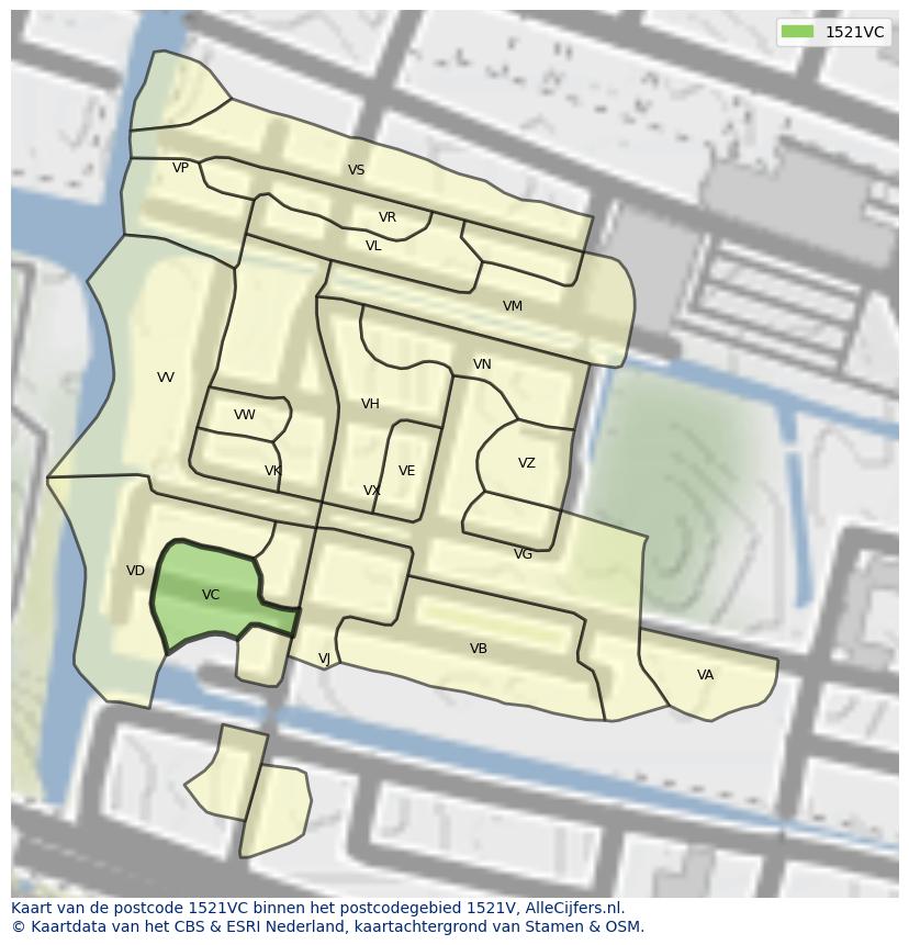 Afbeelding van het postcodegebied 1521 VC op de kaart.