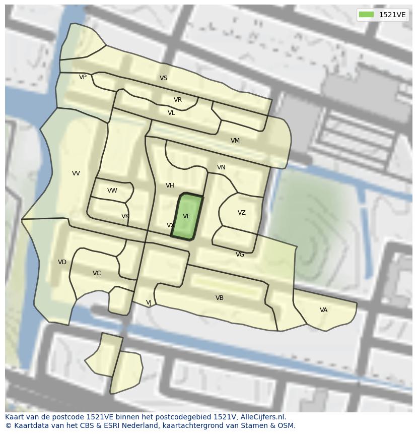 Afbeelding van het postcodegebied 1521 VE op de kaart.