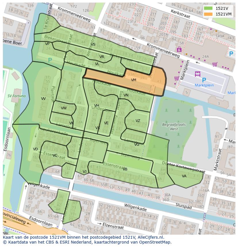 Afbeelding van het postcodegebied 1521 VM op de kaart.