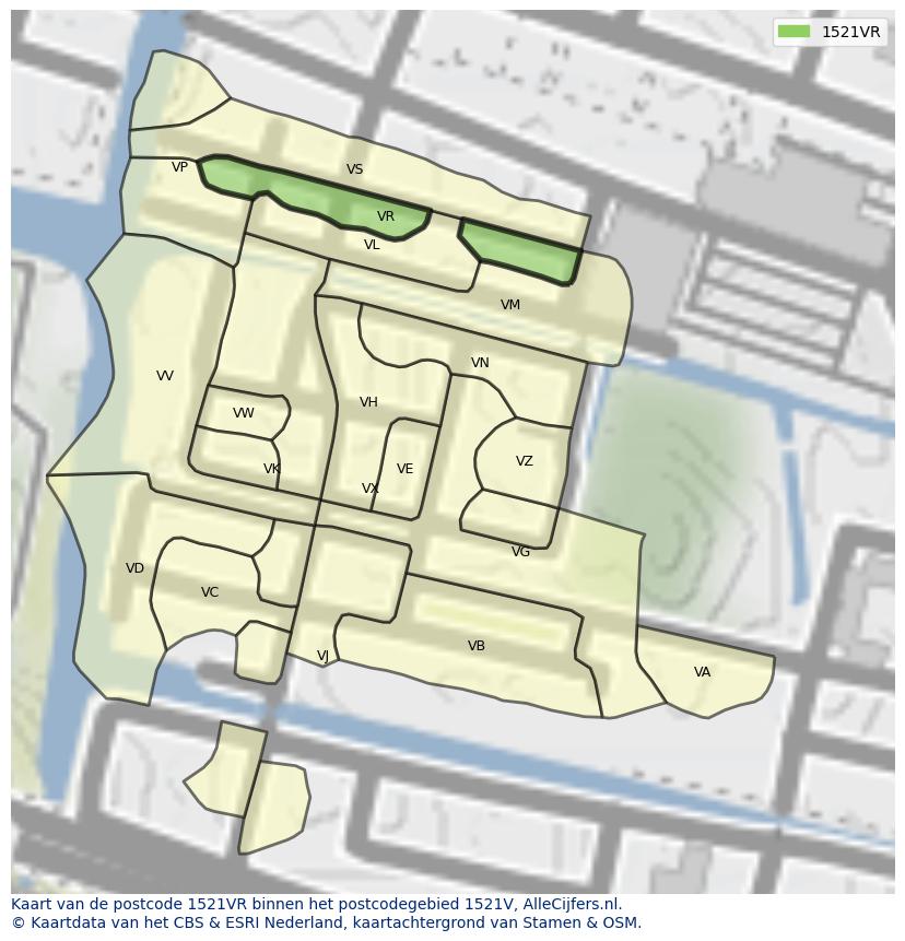 Afbeelding van het postcodegebied 1521 VR op de kaart.