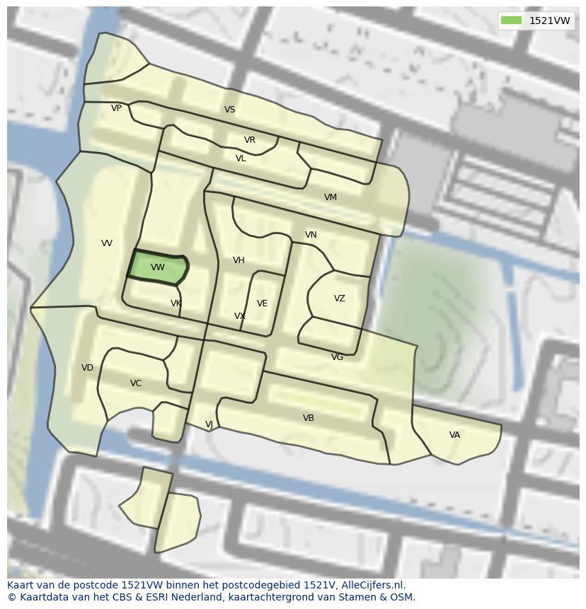 Afbeelding van het postcodegebied 1521 VW op de kaart.