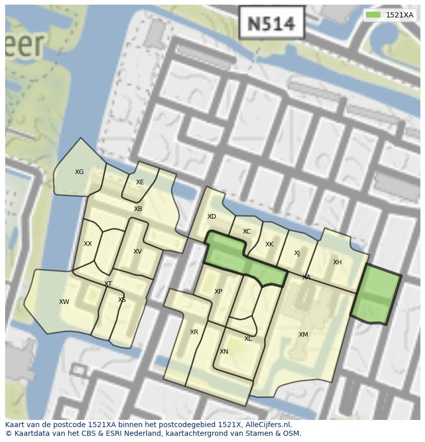 Afbeelding van het postcodegebied 1521 XA op de kaart.