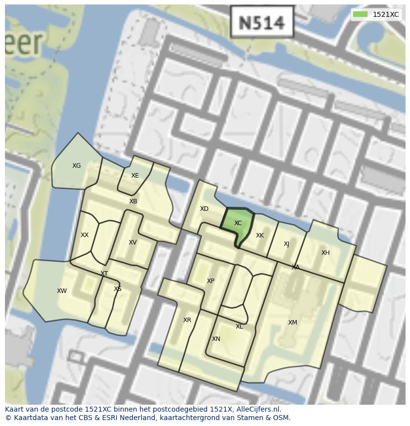 Afbeelding van het postcodegebied 1521 XC op de kaart.