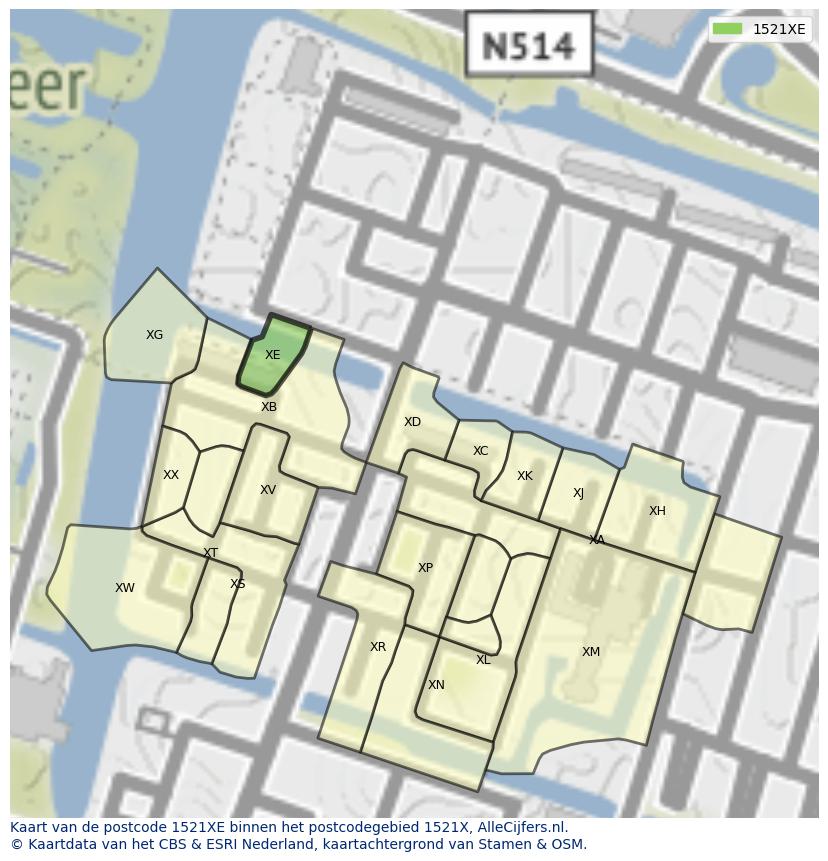 Afbeelding van het postcodegebied 1521 XE op de kaart.