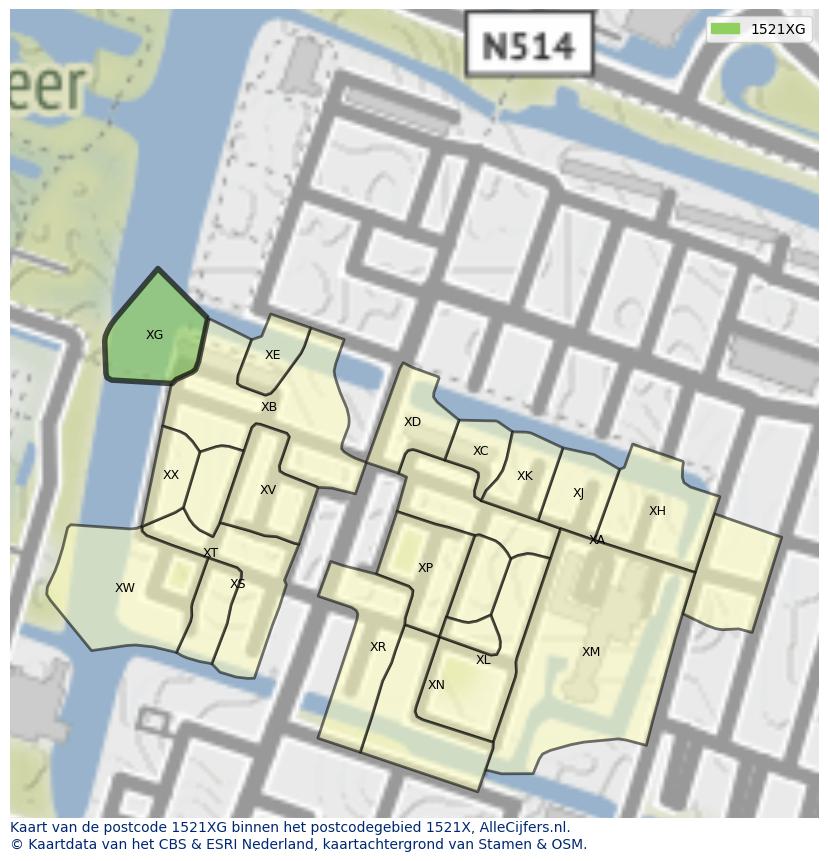 Afbeelding van het postcodegebied 1521 XG op de kaart.