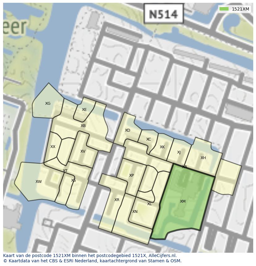 Afbeelding van het postcodegebied 1521 XM op de kaart.