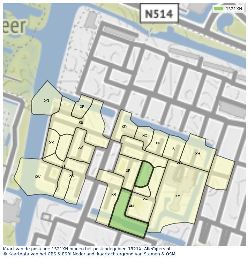 Afbeelding van het postcodegebied 1521 XN op de kaart.
