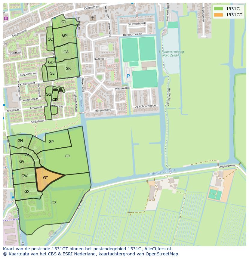 Afbeelding van het postcodegebied 1531 GT op de kaart.