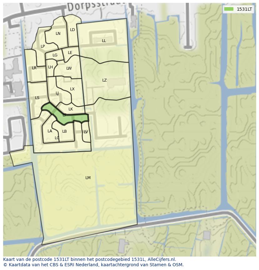Afbeelding van het postcodegebied 1531 LT op de kaart.