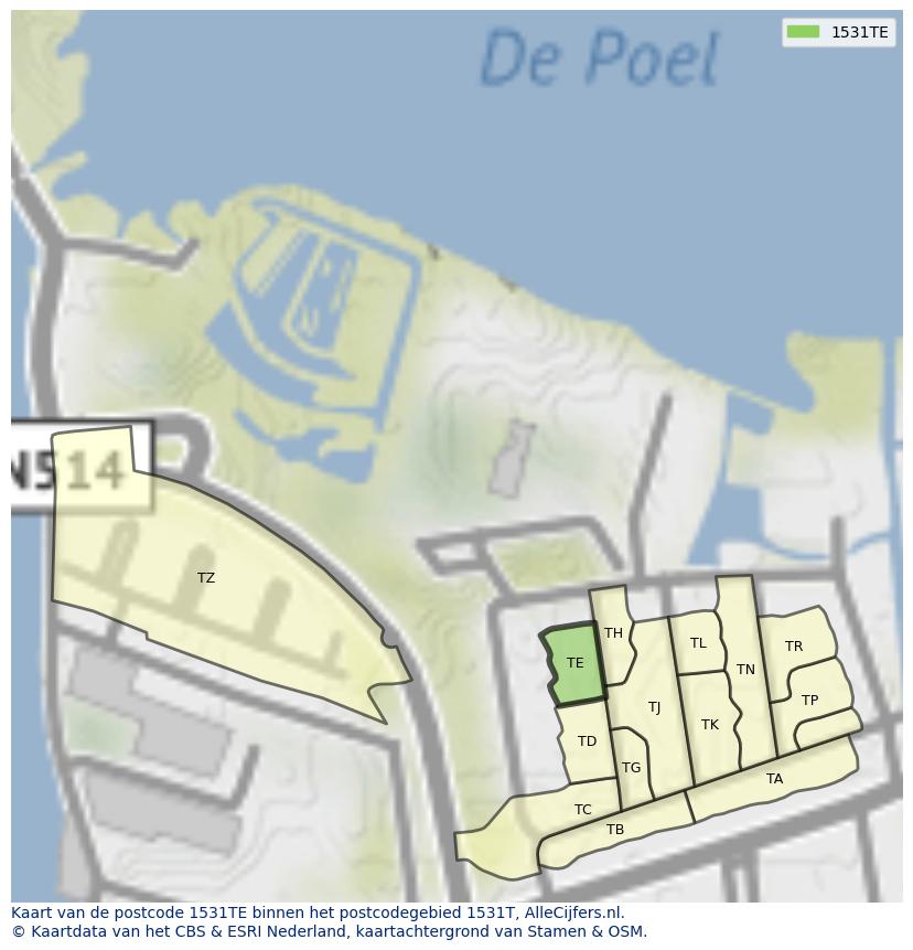 Afbeelding van het postcodegebied 1531 TE op de kaart.