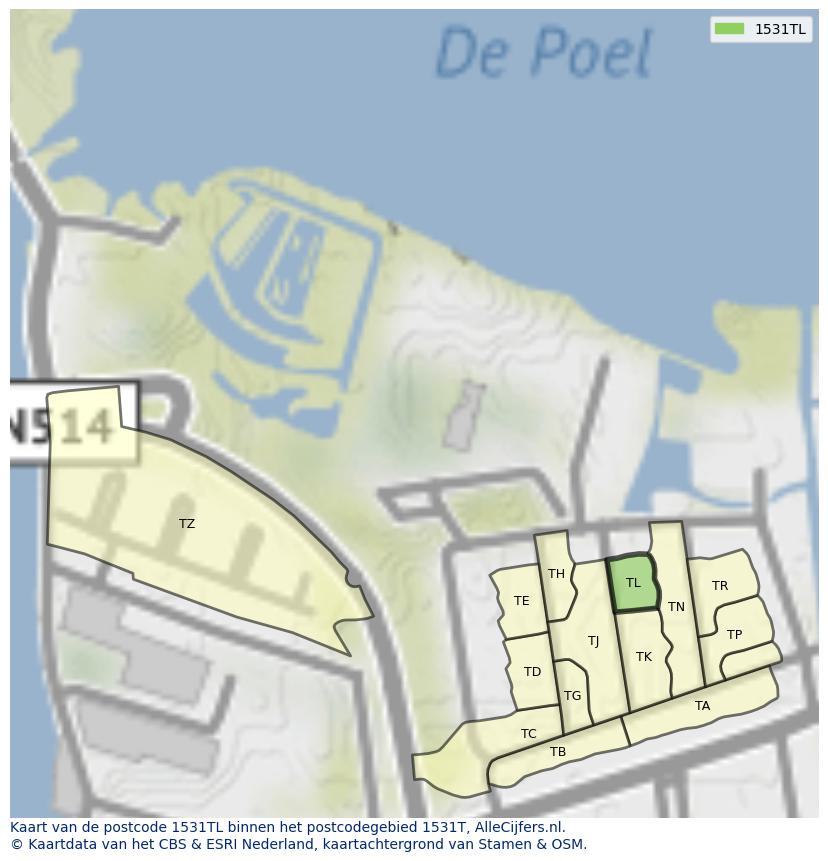 Afbeelding van het postcodegebied 1531 TL op de kaart.