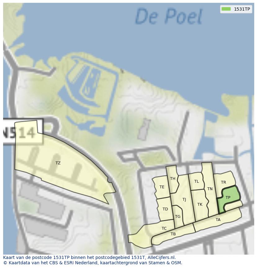 Afbeelding van het postcodegebied 1531 TP op de kaart.