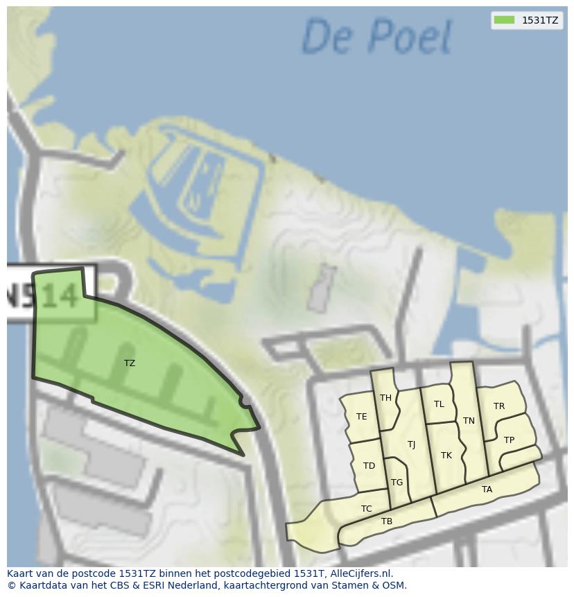 Afbeelding van het postcodegebied 1531 TZ op de kaart.