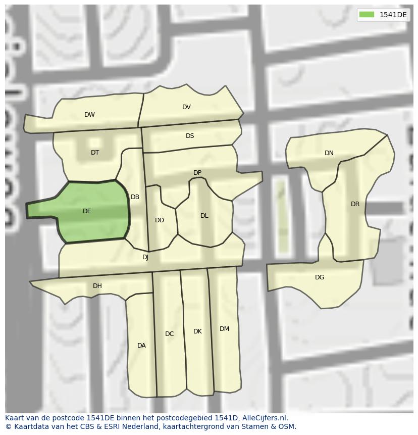 Afbeelding van het postcodegebied 1541 DE op de kaart.