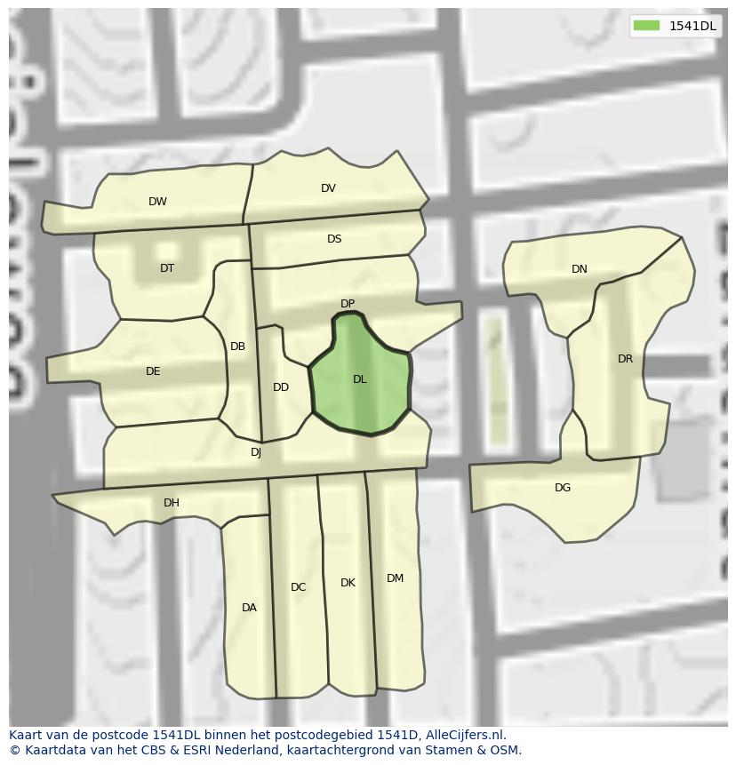 Afbeelding van het postcodegebied 1541 DL op de kaart.