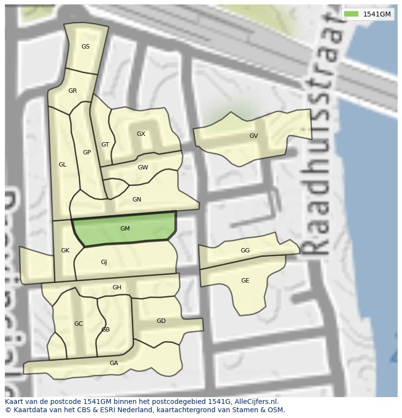 Afbeelding van het postcodegebied 1541 GM op de kaart.