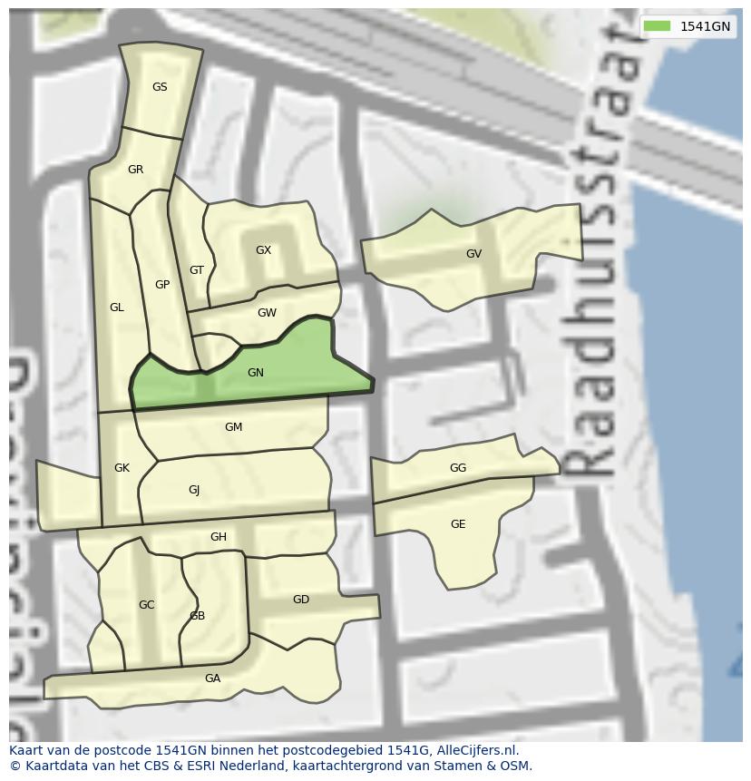 Afbeelding van het postcodegebied 1541 GN op de kaart.