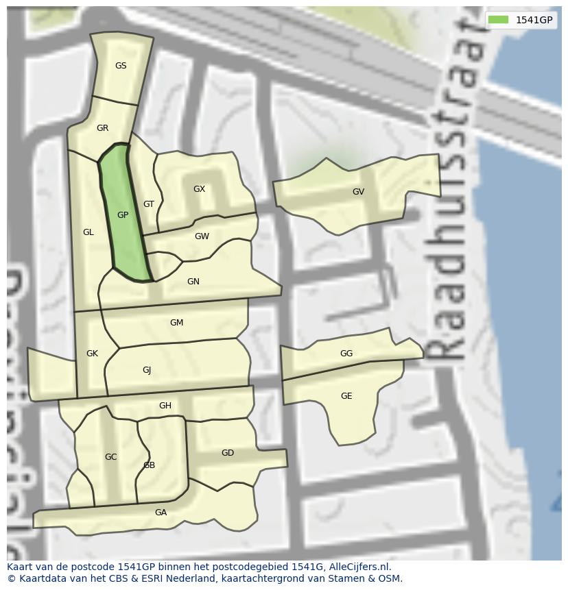 Afbeelding van het postcodegebied 1541 GP op de kaart.