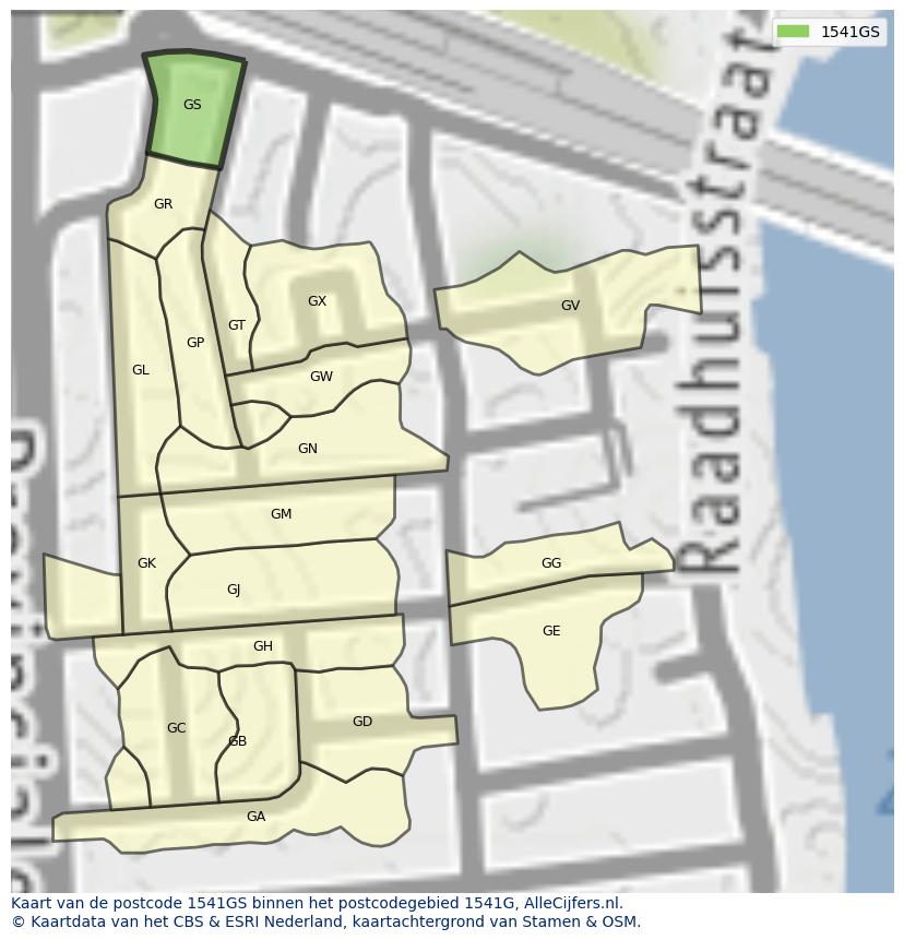 Afbeelding van het postcodegebied 1541 GS op de kaart.