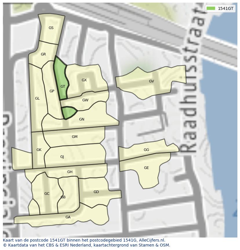 Afbeelding van het postcodegebied 1541 GT op de kaart.