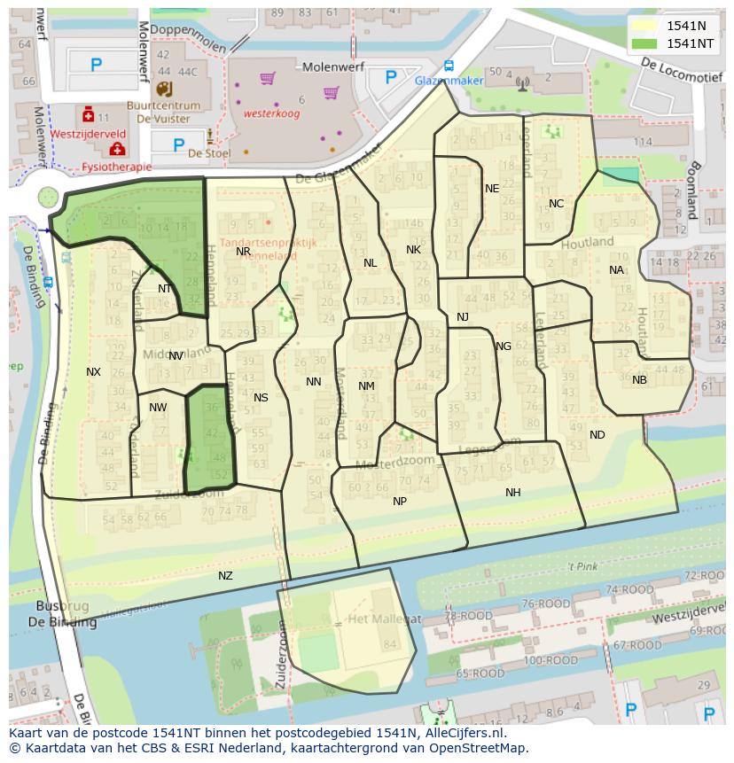 Afbeelding van het postcodegebied 1541 NT op de kaart.