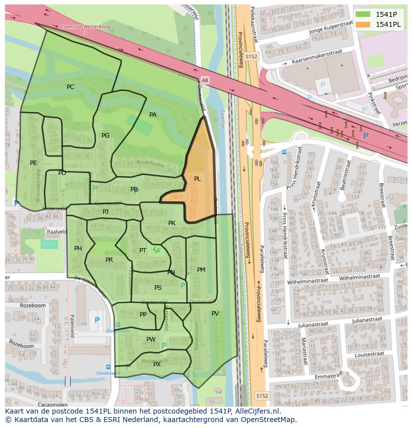 Afbeelding van het postcodegebied 1541 PL op de kaart.