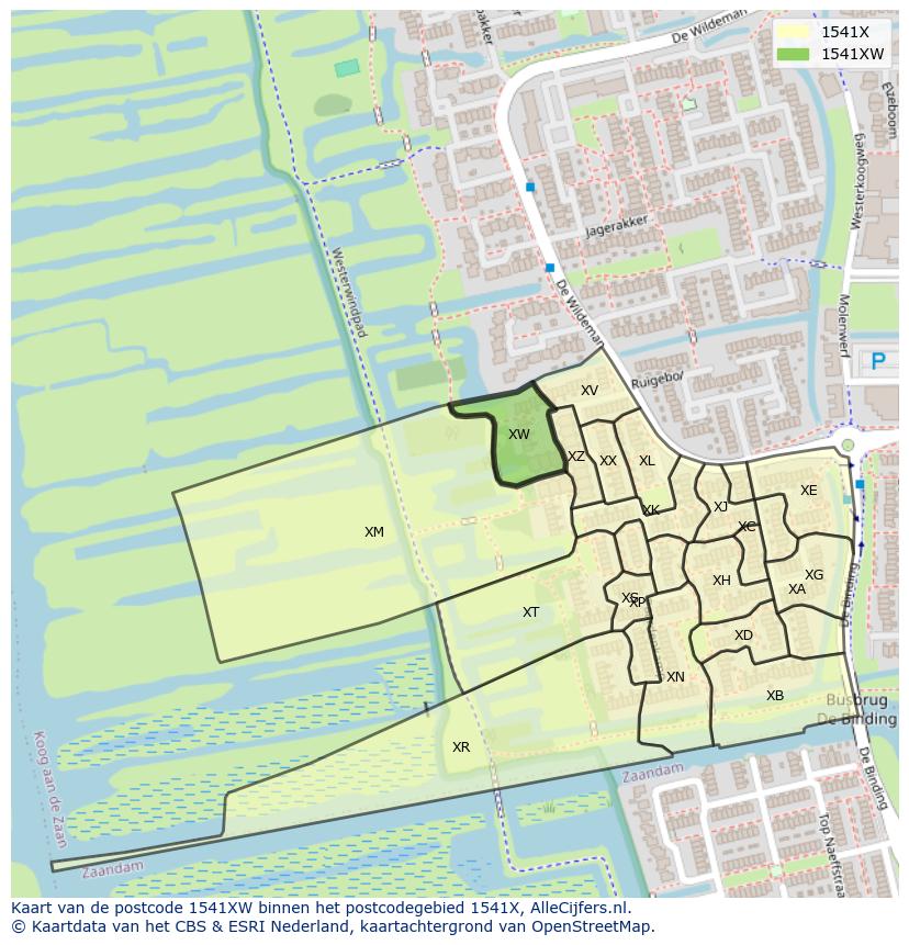 Afbeelding van het postcodegebied 1541 XW op de kaart.