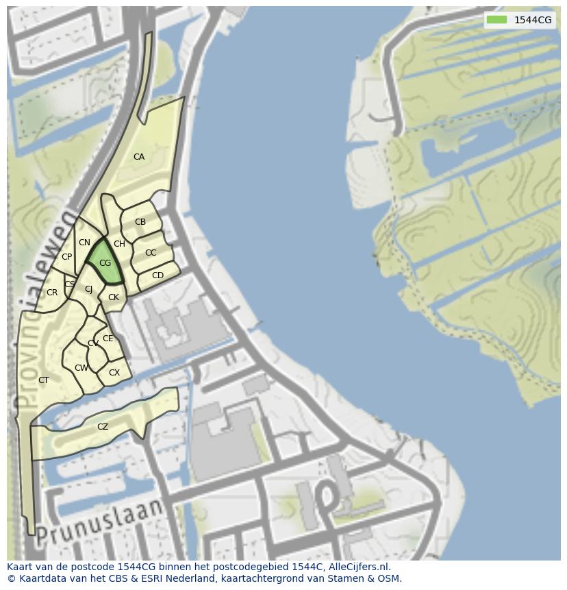 Afbeelding van het postcodegebied 1544 CG op de kaart.