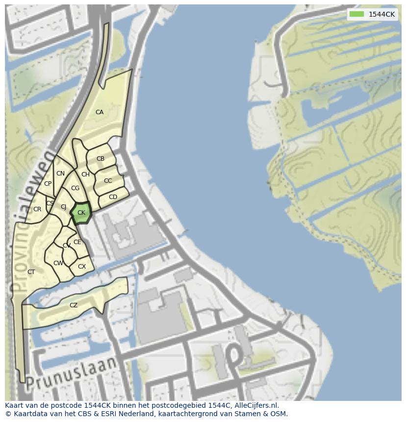 Afbeelding van het postcodegebied 1544 CK op de kaart.