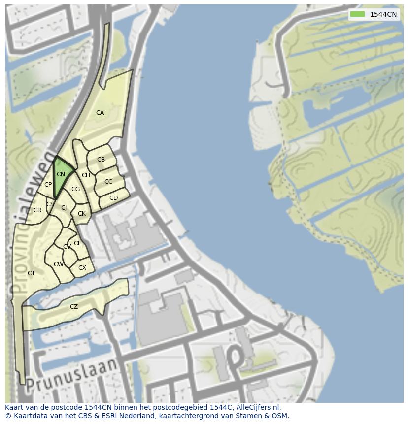 Afbeelding van het postcodegebied 1544 CN op de kaart.