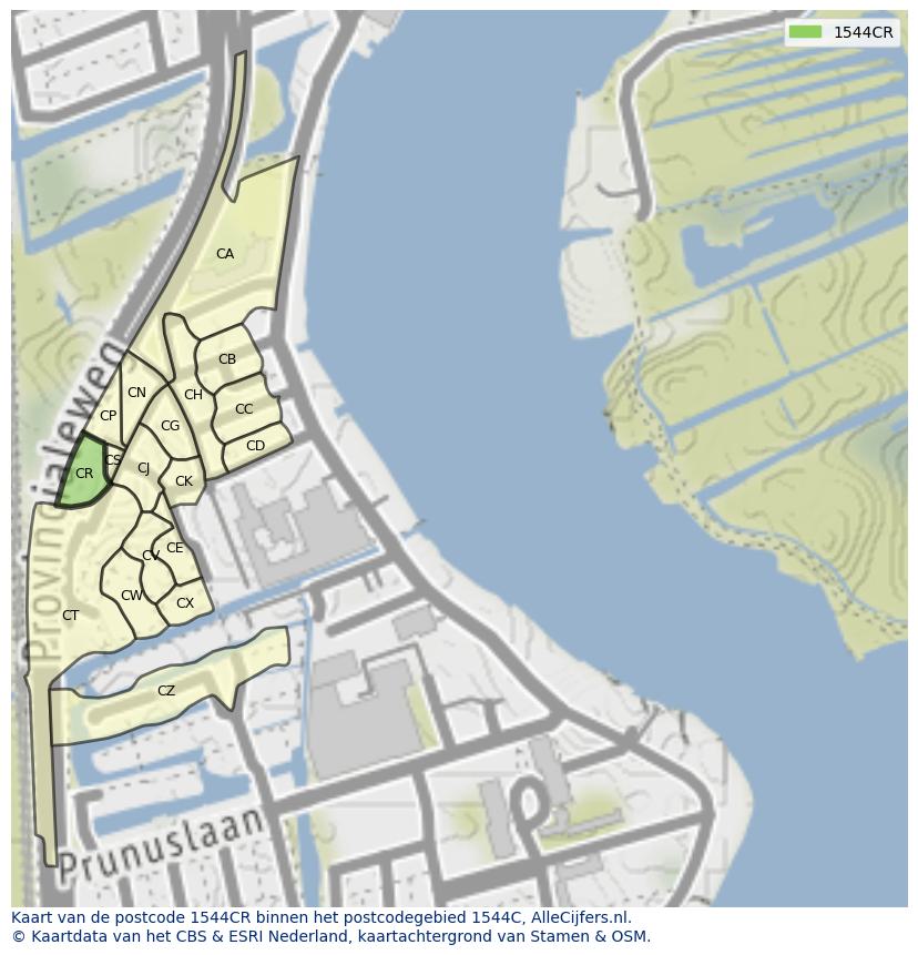 Afbeelding van het postcodegebied 1544 CR op de kaart.