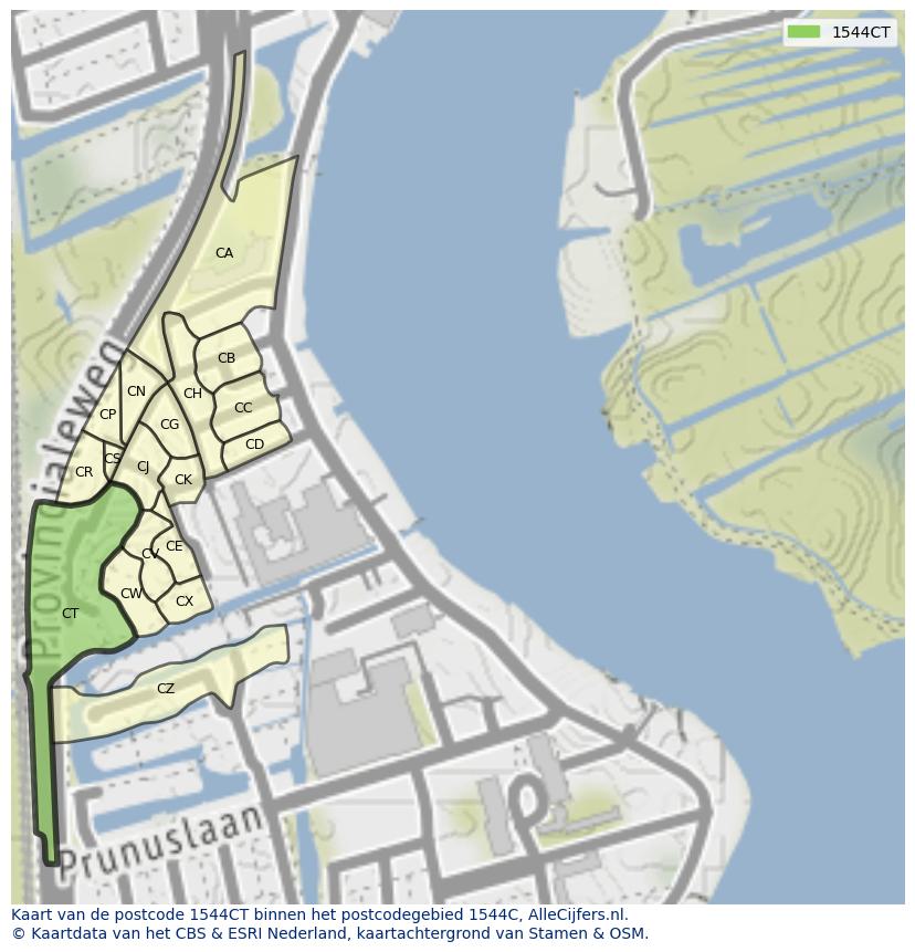 Afbeelding van het postcodegebied 1544 CT op de kaart.