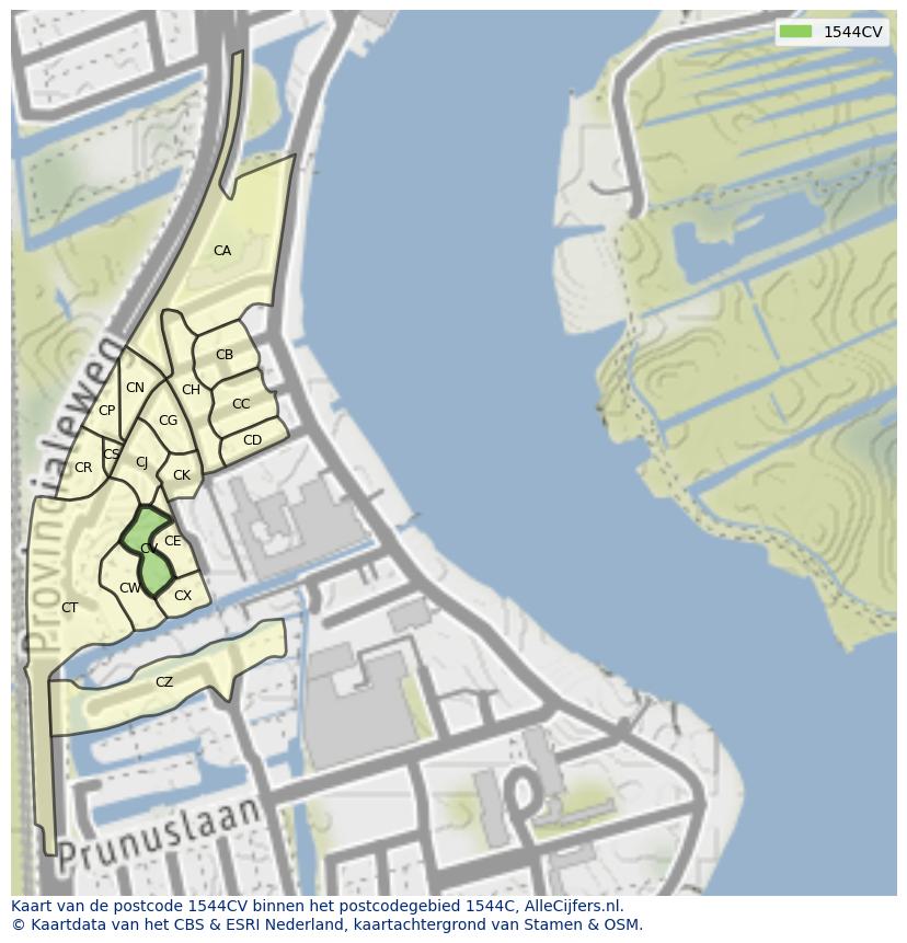 Afbeelding van het postcodegebied 1544 CV op de kaart.
