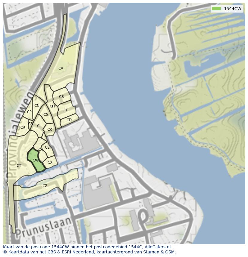 Afbeelding van het postcodegebied 1544 CW op de kaart.