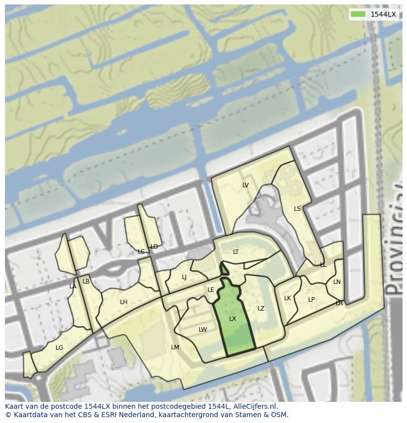 Afbeelding van het postcodegebied 1544 LX op de kaart.