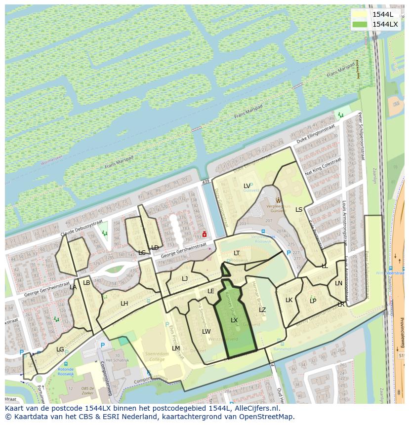 Afbeelding van het postcodegebied 1544 LX op de kaart.