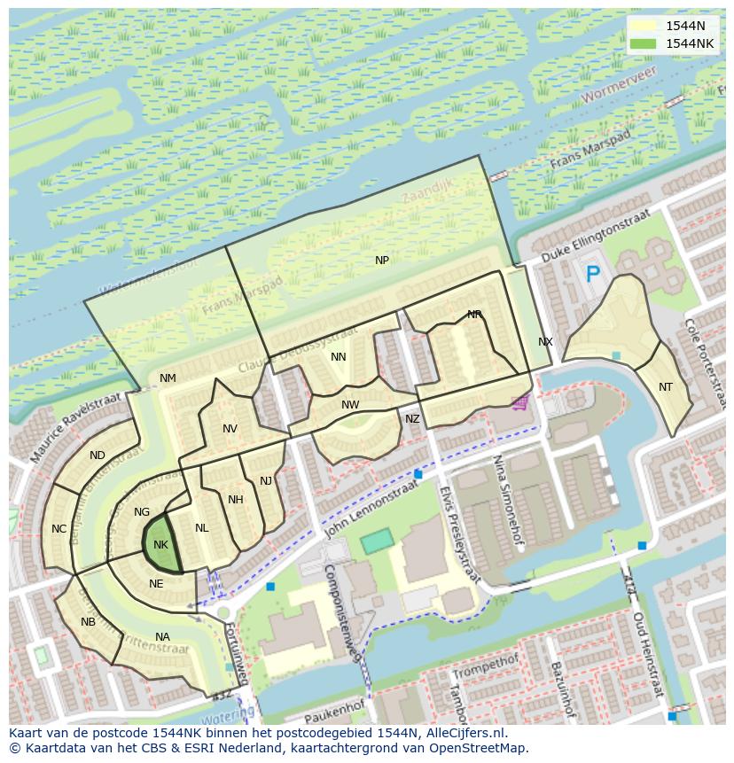 Afbeelding van het postcodegebied 1544 NK op de kaart.