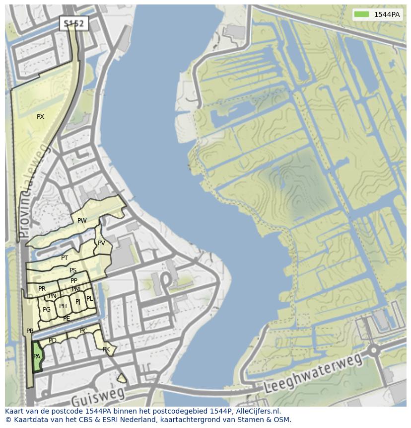 Afbeelding van het postcodegebied 1544 PA op de kaart.