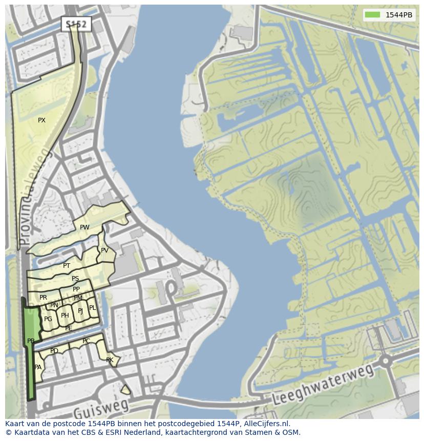 Afbeelding van het postcodegebied 1544 PB op de kaart.