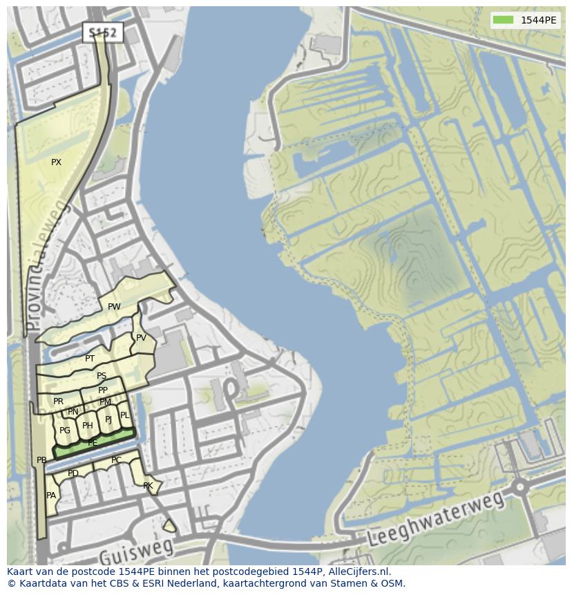 Afbeelding van het postcodegebied 1544 PE op de kaart.