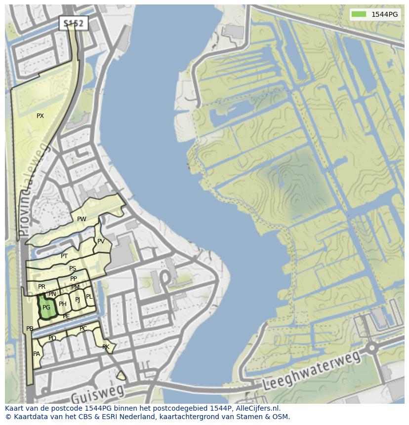 Afbeelding van het postcodegebied 1544 PG op de kaart.