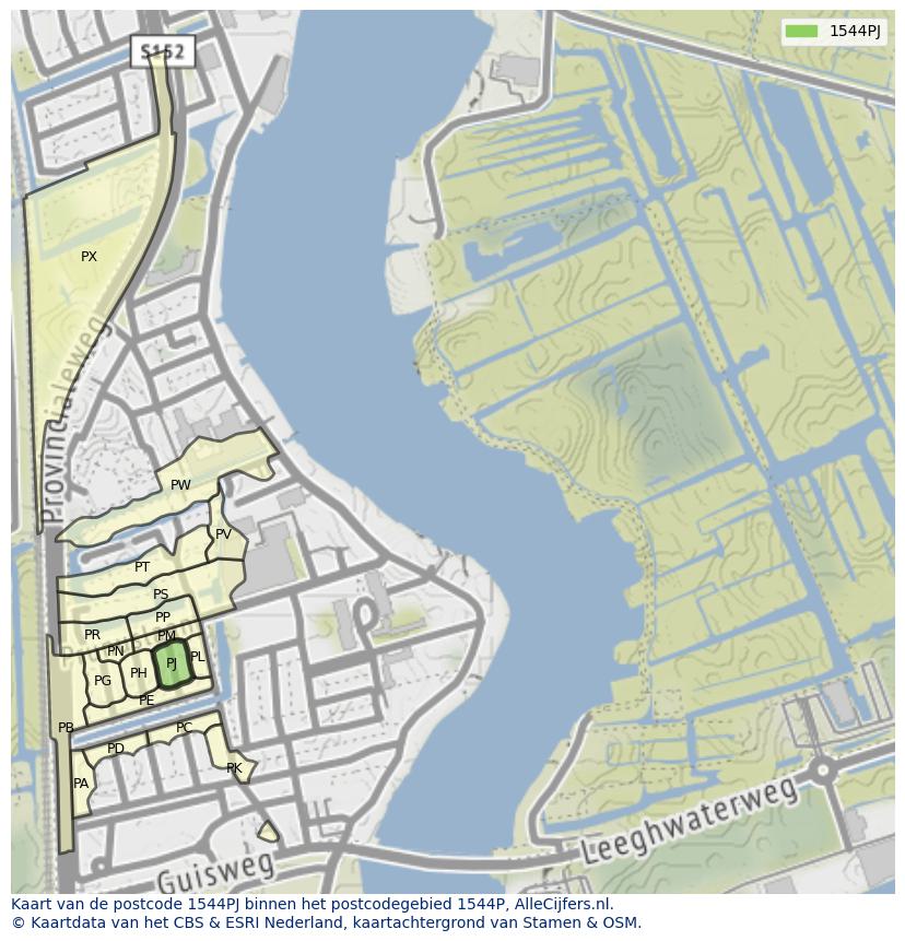 Afbeelding van het postcodegebied 1544 PJ op de kaart.