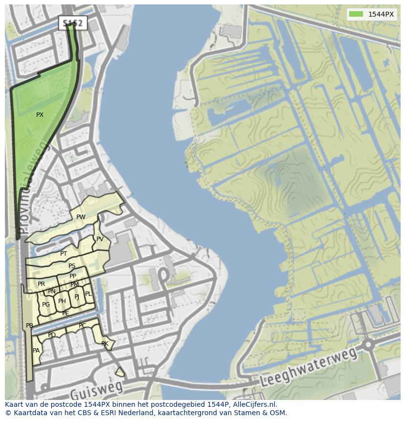 Afbeelding van het postcodegebied 1544 PX op de kaart.