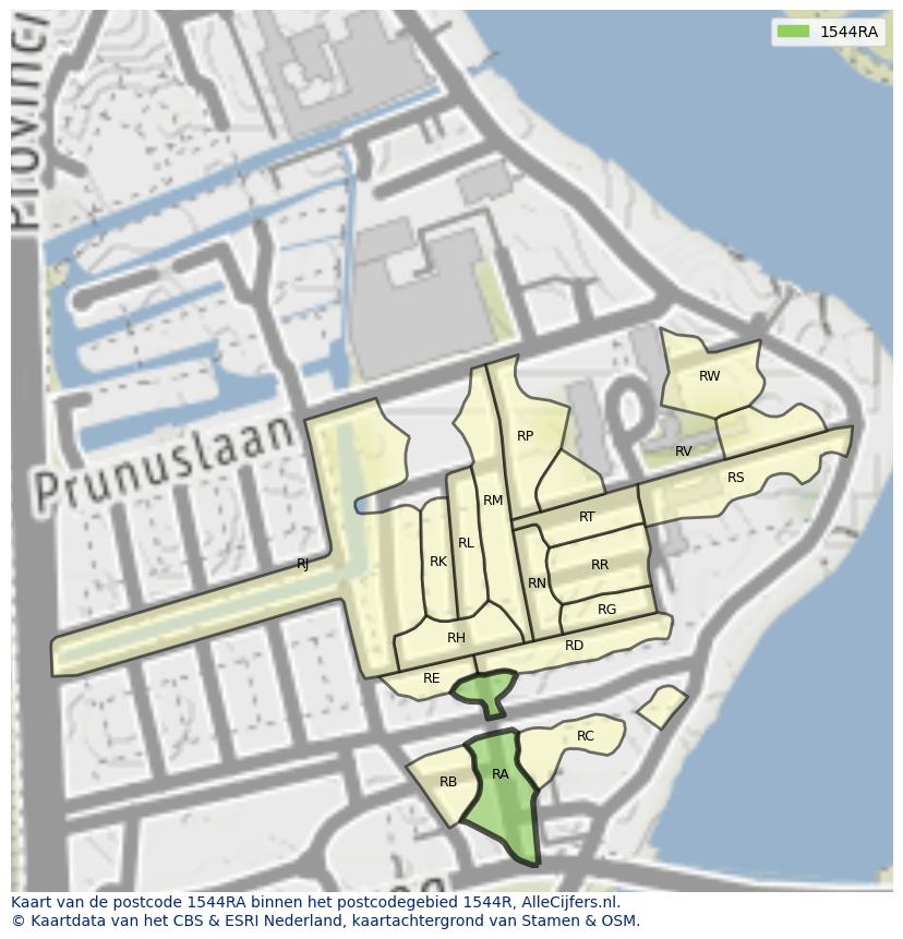 Afbeelding van het postcodegebied 1544 RA op de kaart.