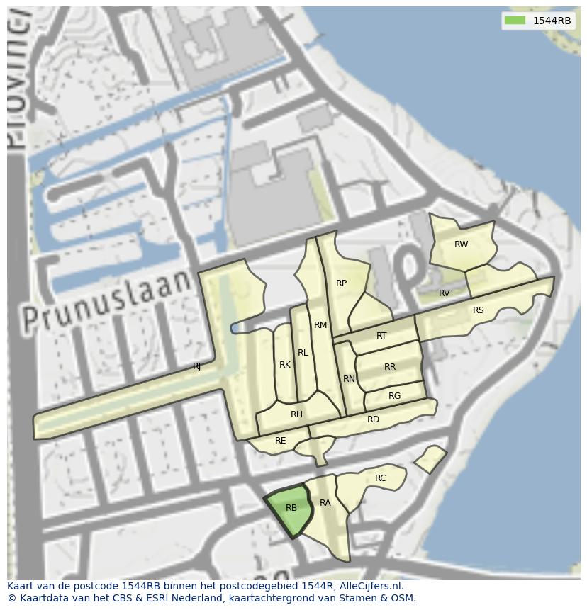 Afbeelding van het postcodegebied 1544 RB op de kaart.