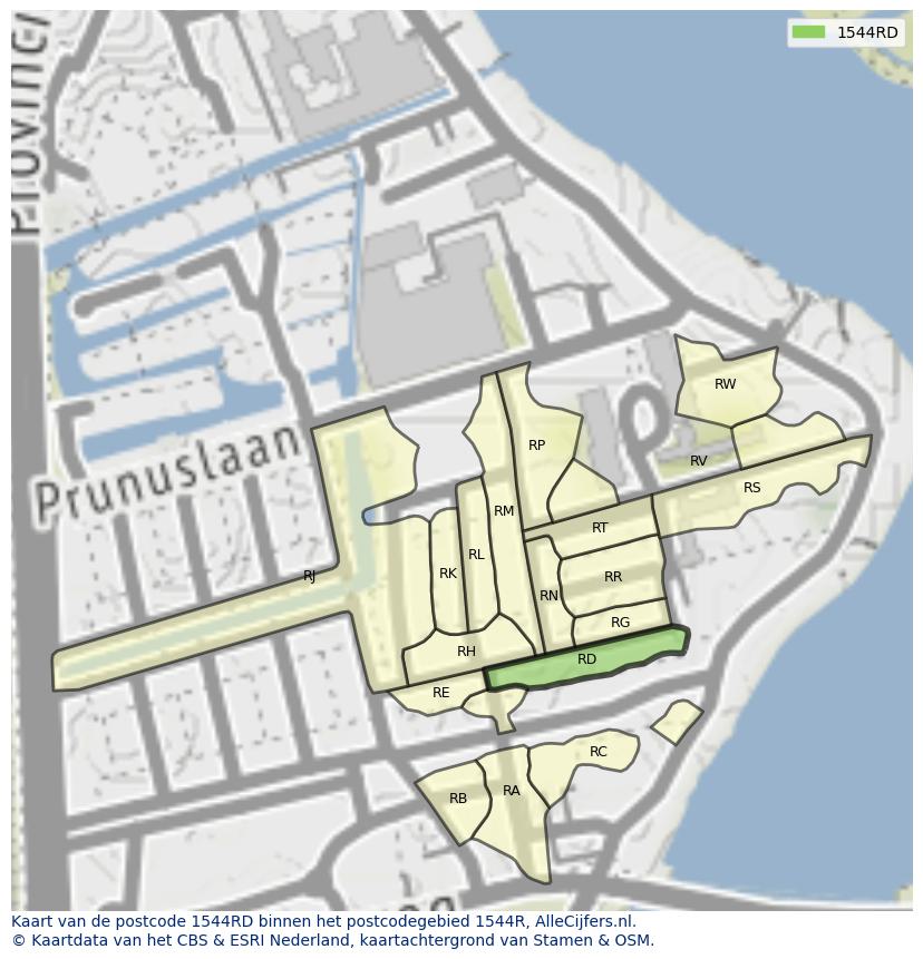 Afbeelding van het postcodegebied 1544 RD op de kaart.