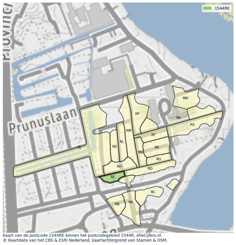 Afbeelding van het postcodegebied 1544 RE op de kaart.