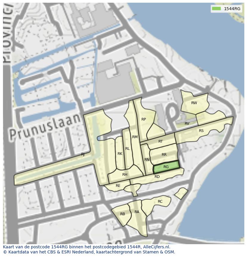 Afbeelding van het postcodegebied 1544 RG op de kaart.